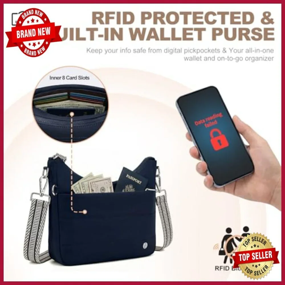 Anti-Theft RFID Crossbody Hobo Bag with Built-In Wallet, Waterproof